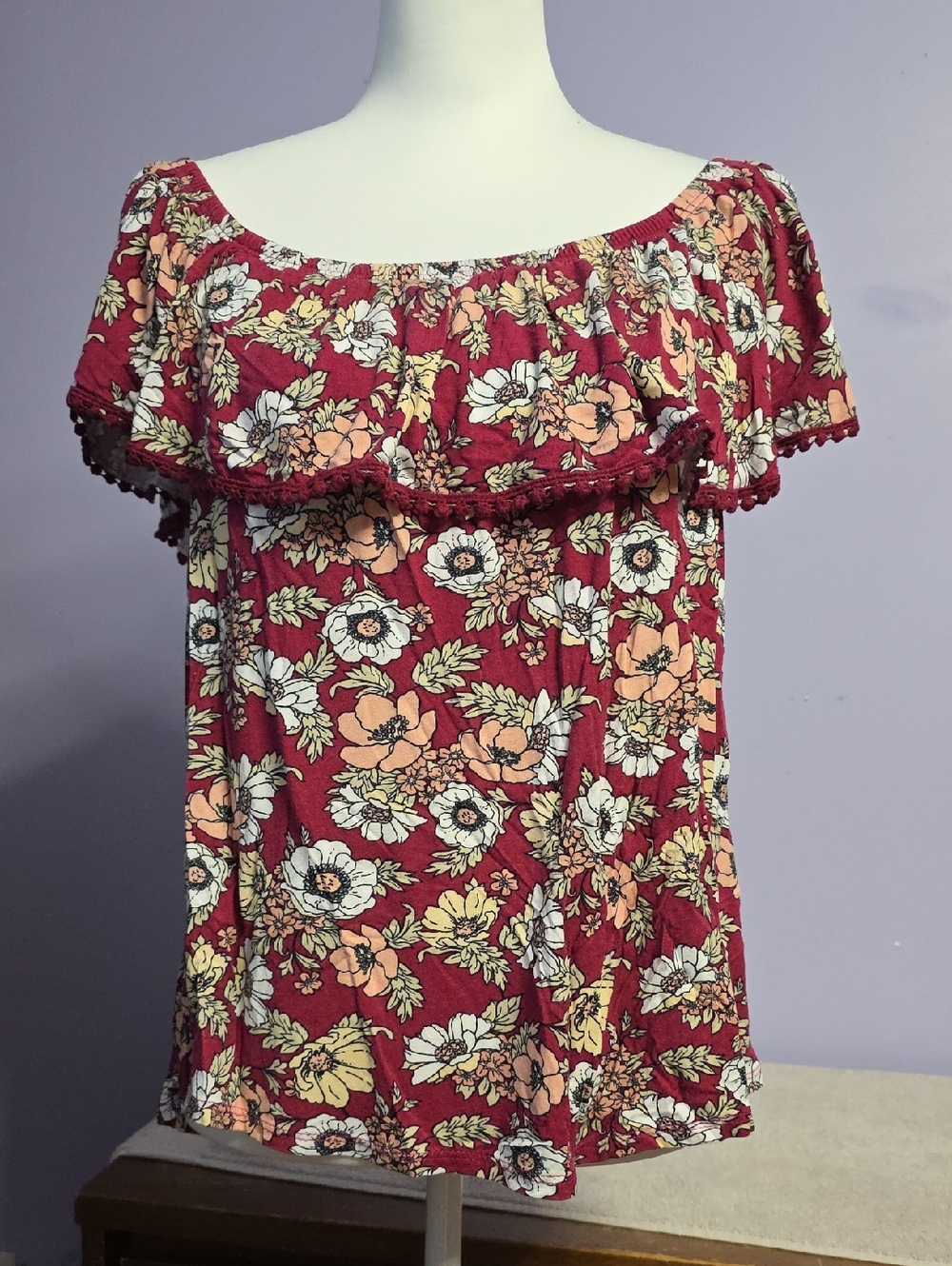 Free Kisses - Burgundy Floral Off-Shoulder Top with Pom Trim